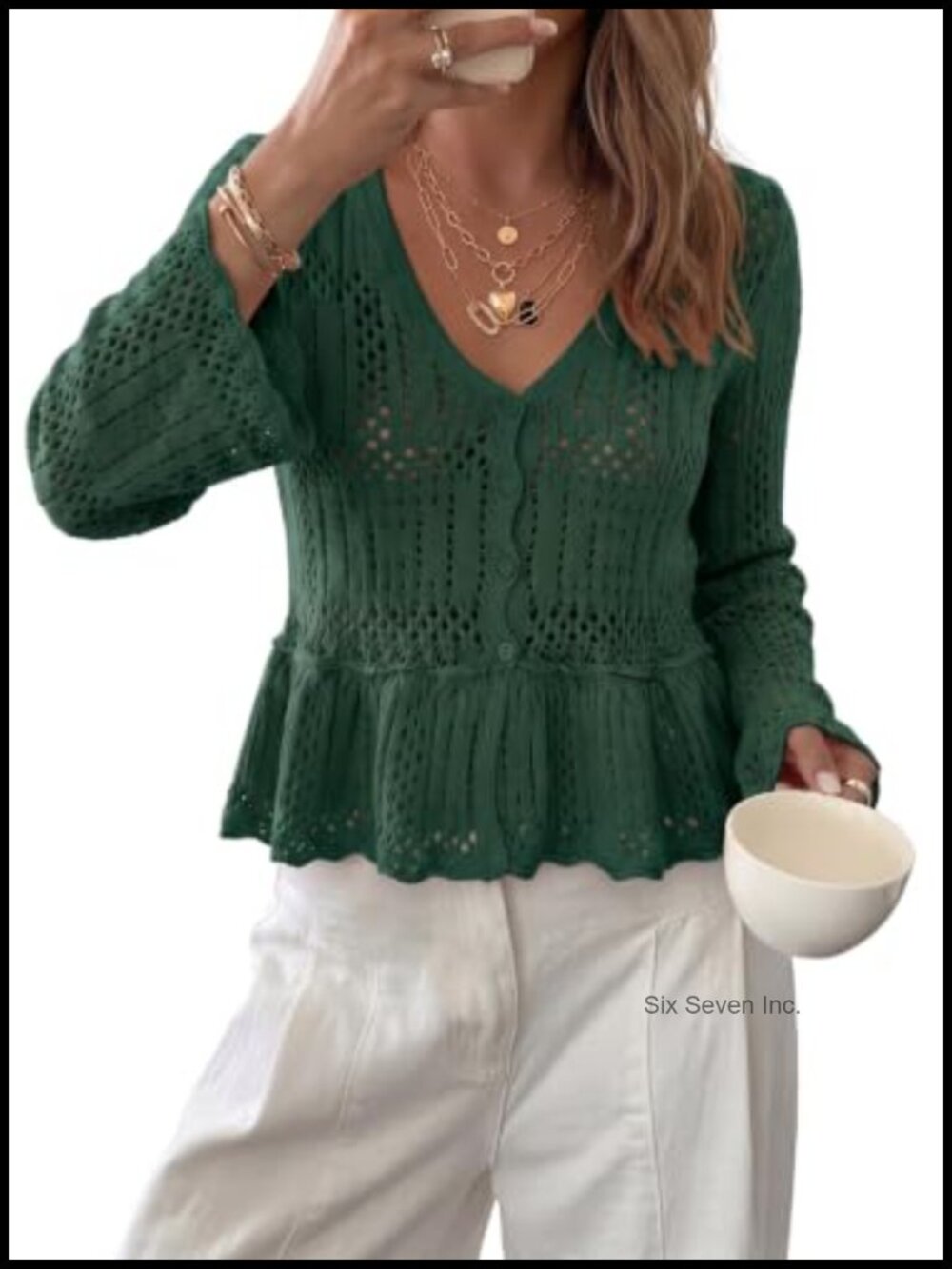 Womens Hollow Out Crochet Knit Sweater Bell Sleeve Ruffle Hem V-Neck Pullover